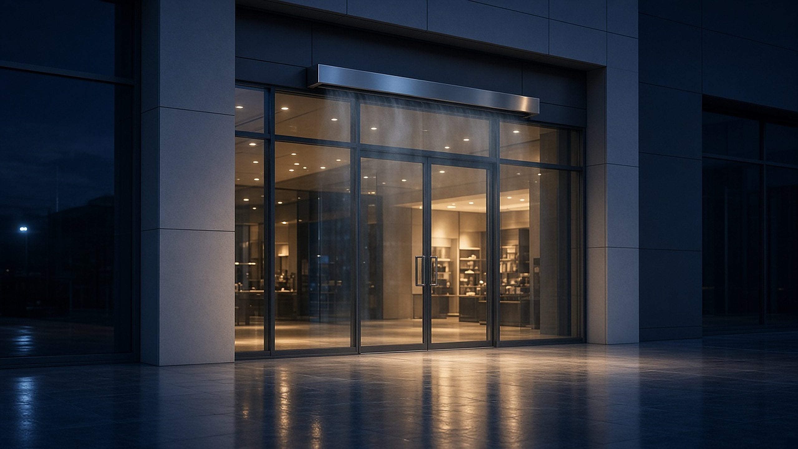 Air curtain unit mounted above a glass commercial entrance at night