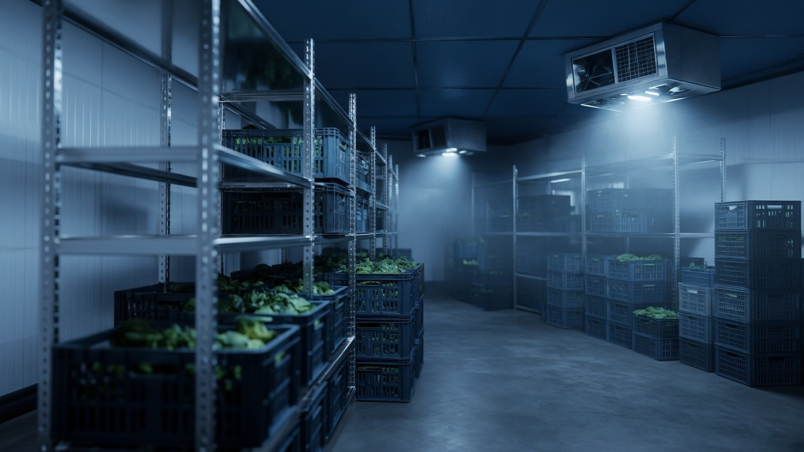 Interior of a commercial cold storage room with shelving and evaporator units