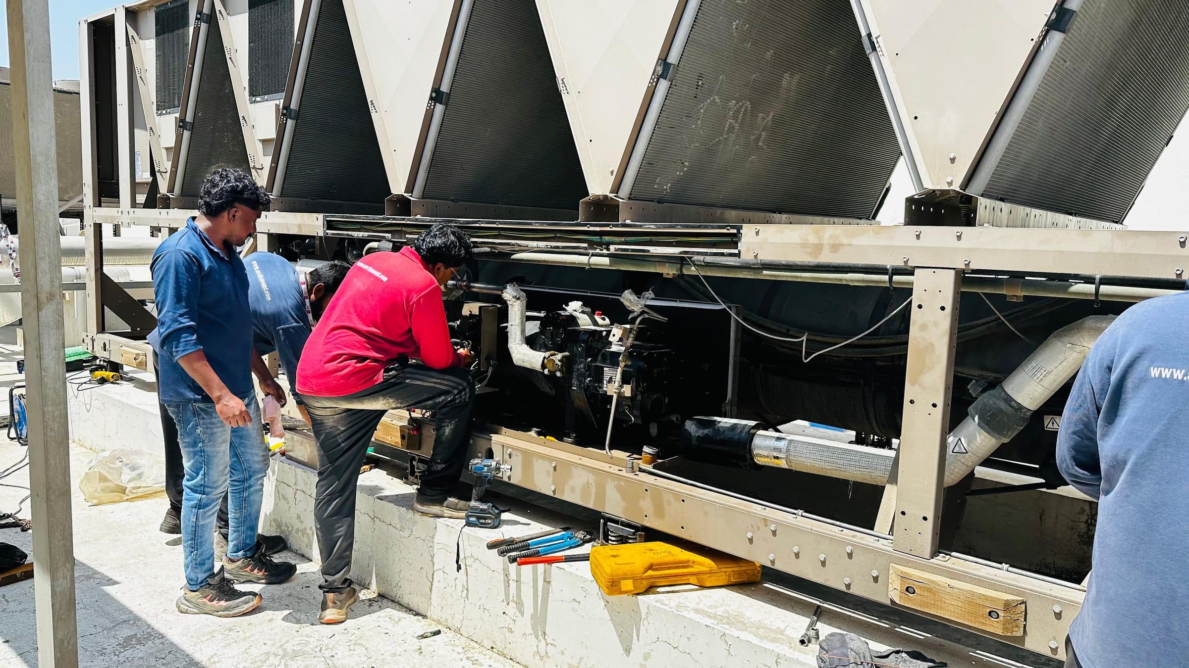 Wide view of compressor work on the rooftop chiller