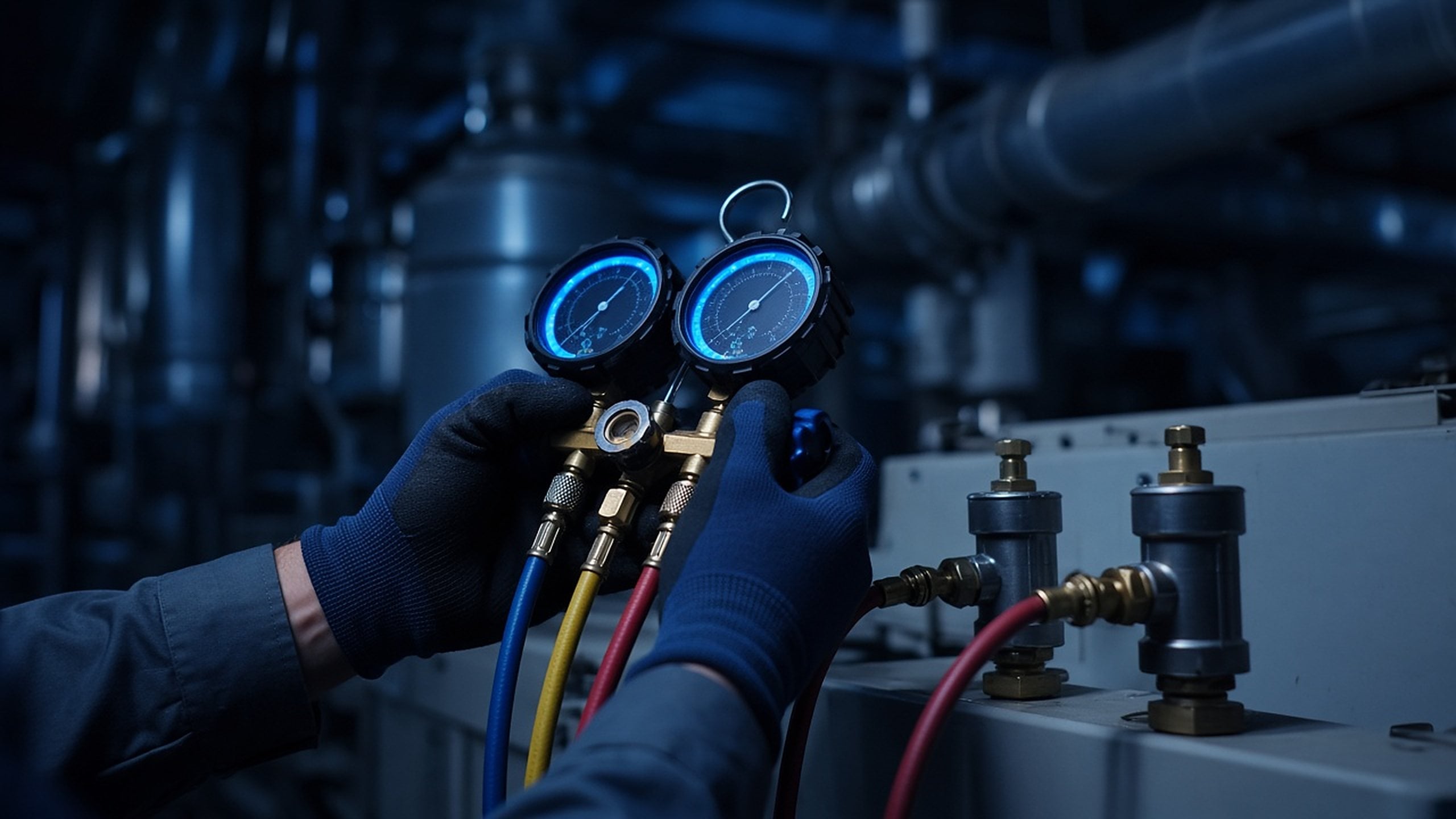 Engineer reading refrigerant manifold gauges connected to a chiller