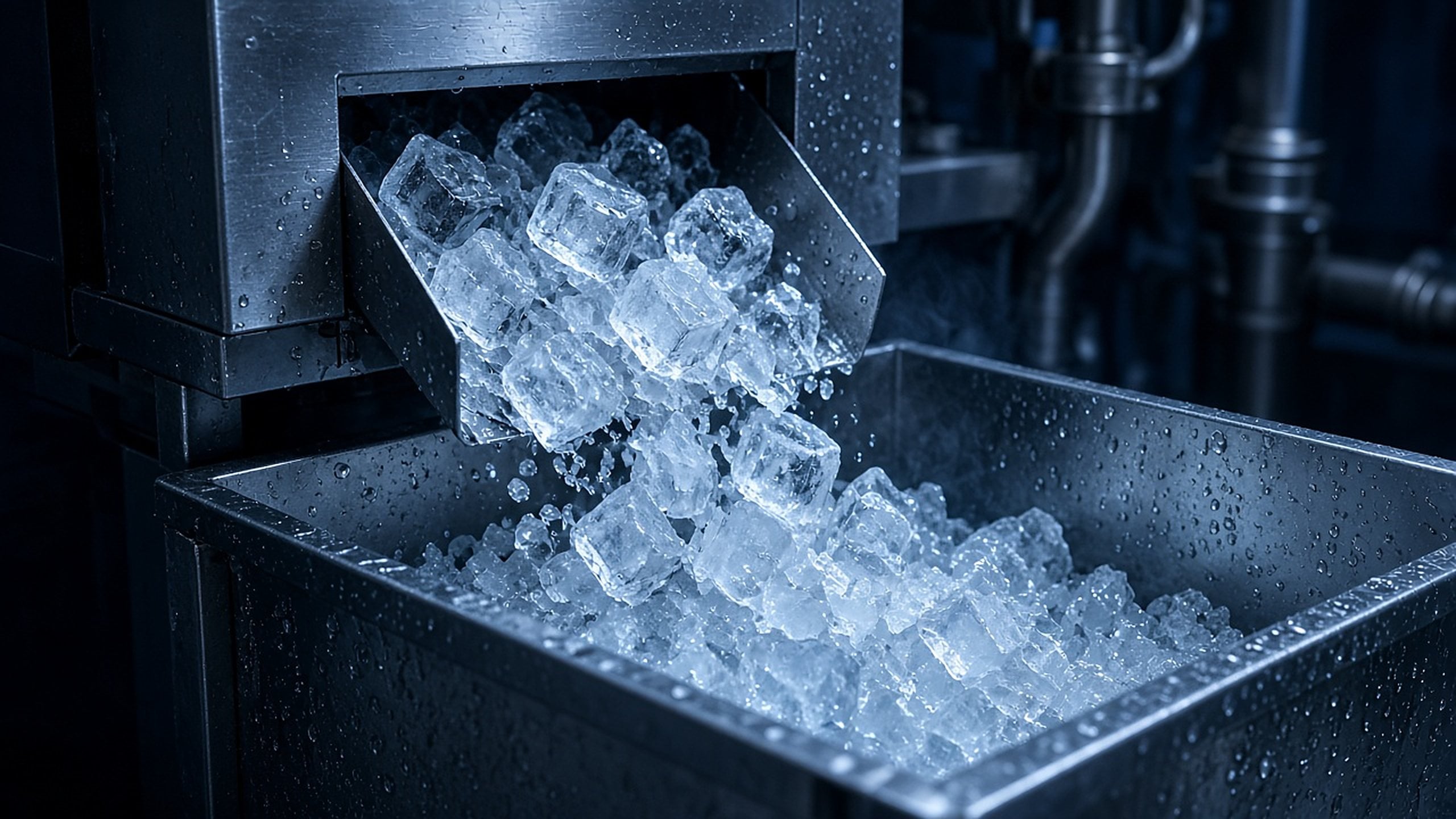 Industrial ice machine discharging ice into a stainless steel bin