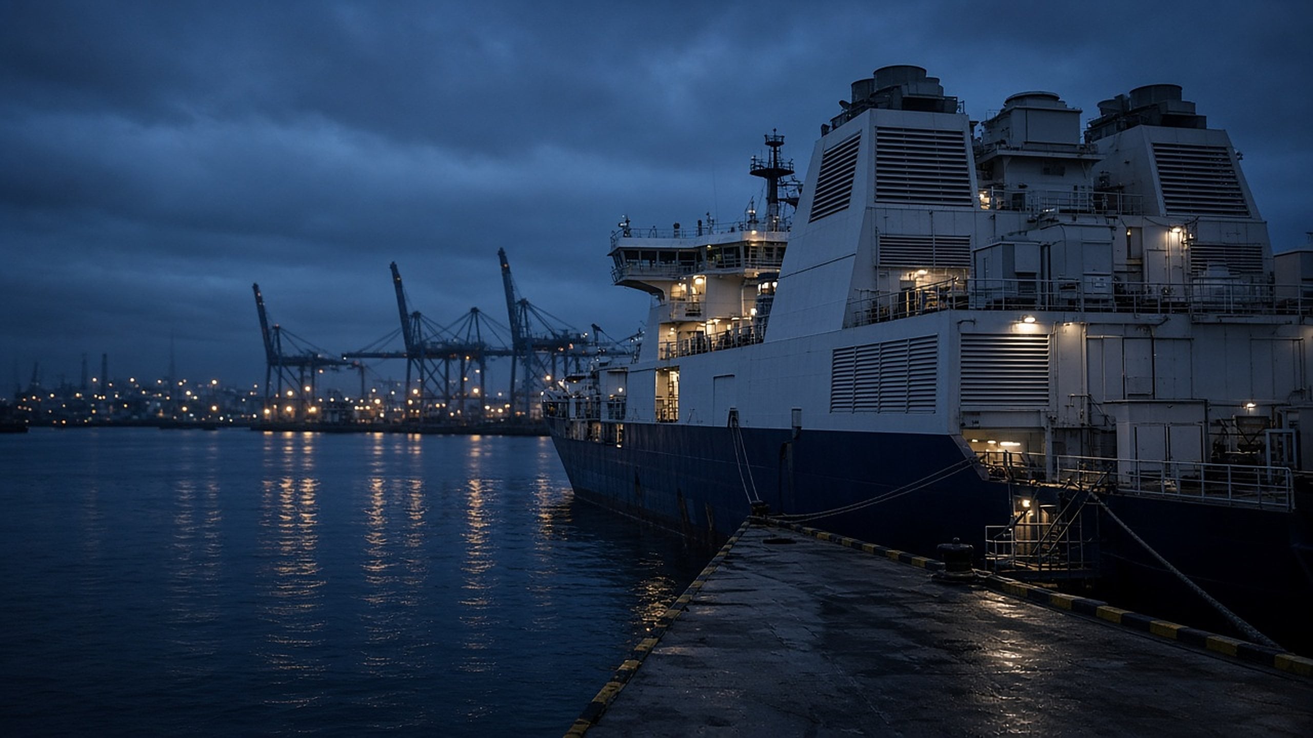 Commercial vessel with ventilation units docked at an industrial port at dusk